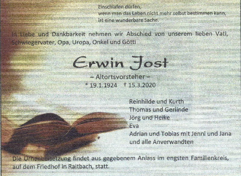 Todesanzeige in BZ von Erwin Jost am Do 19.3.20